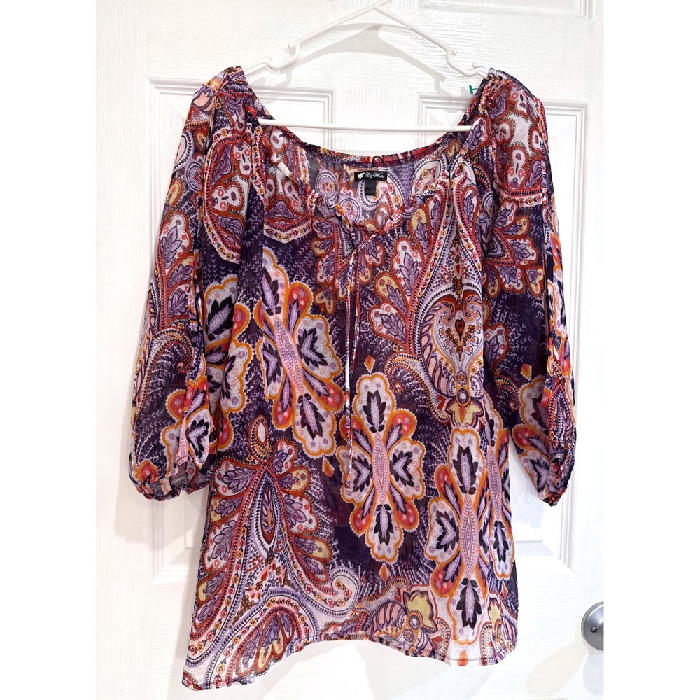Lily White Paisley Print Blouse Sheer Lightweight Top Purple Orange Size S